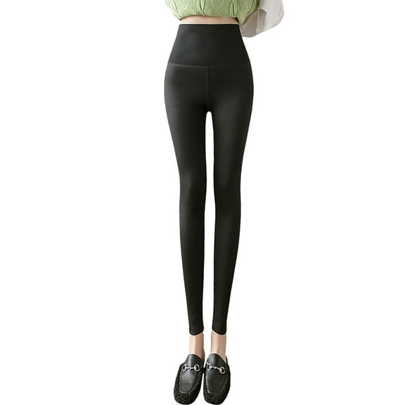 JWZUY Womens Elastic High Waist Full Length Pants Solid Pants Slim-Fit Pant Fleece Leggings Fleece Lined Trouser Green L