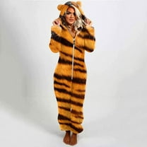 Unisex Adult Leopard Onesie Hoody Pajamas Zipper Up Long Sleeve Plush Jumpsuit