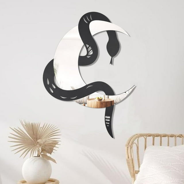Espejo de pared OYEFLY, diseño de serpiente negra, luna creciente, madera