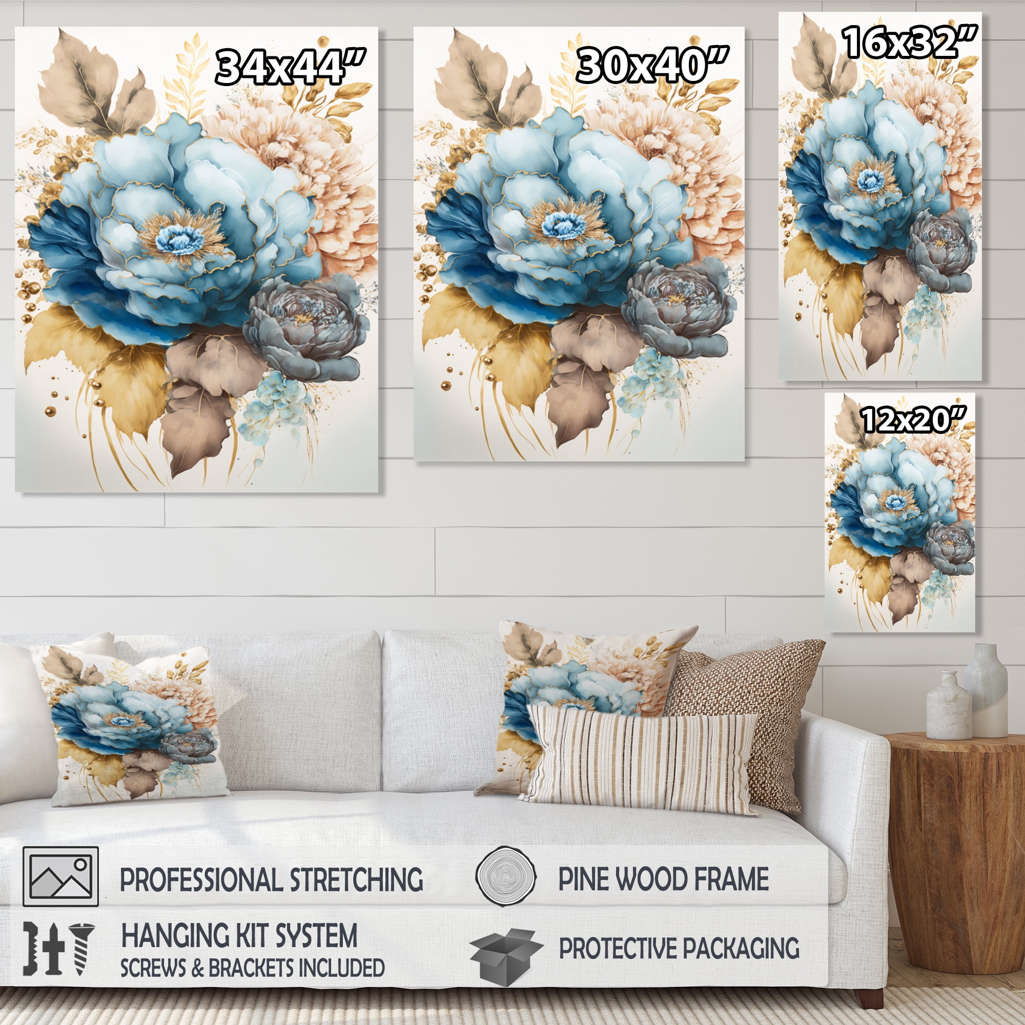 Designart Golden Blue Flower Arrangement III Canvas Wall Art