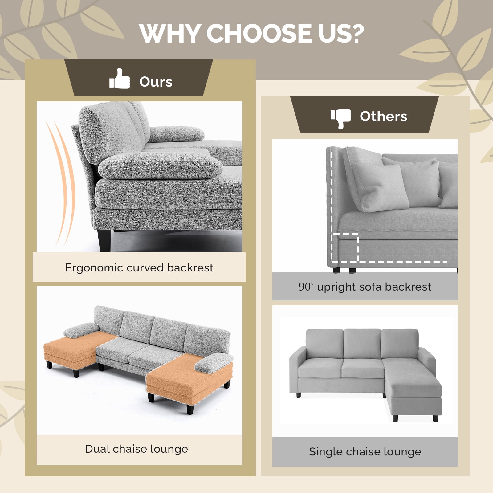Ktaxon U-Shaped Sectional Sofa Set with Chaise, 4-Seater Blended Chenille Couch for Living Room, Apartment, Easy Assembly Gray