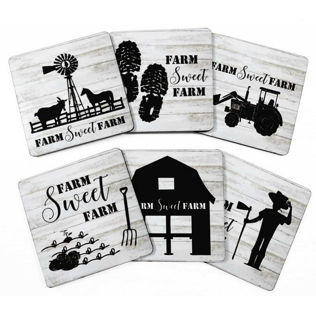 Inkdotpot Set of 6 Drink Coasters DecorativeNon,SlipCork Base4-inch Square PrintedCoastersEasy Clean- Farm Quotes