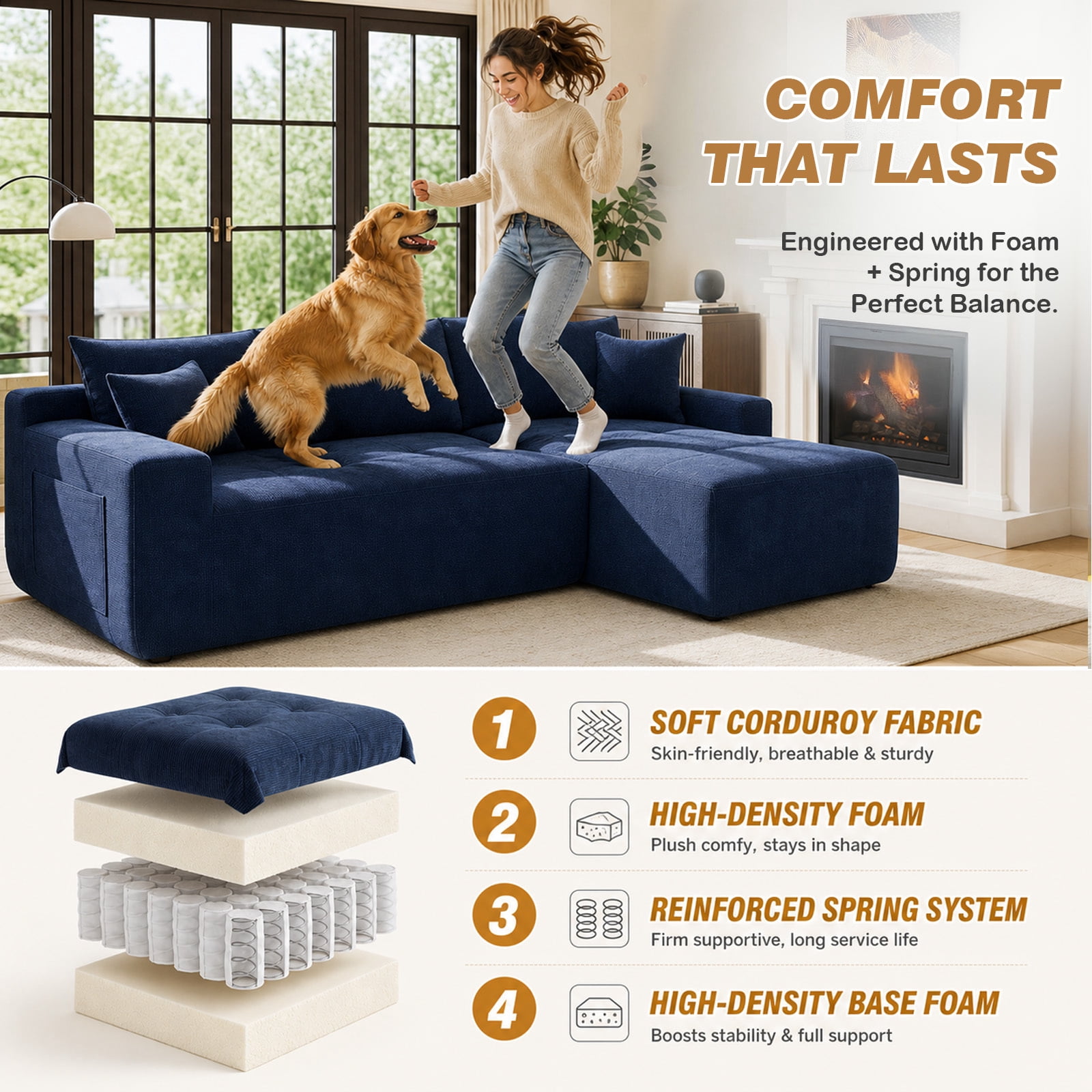 Lunale L-Shaped Modular Sectional Sofa with Right Chaise, No Assembly Required, Boneless Polyester Cloud Couch for Living Room, Blue