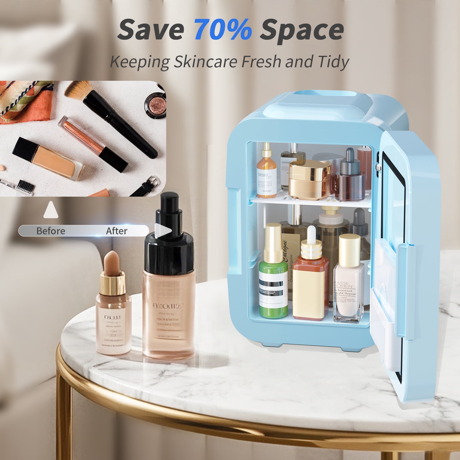 Skincare Fridge Mini Fridge for Bedroom with Dimmable LED Mirror, 4Liter/6 Cans Cooler and Warmer for Makeup, Cosmetic, Beauty, Portable Refrigerator for Bedroom, Vanity, Office and Car- Blue