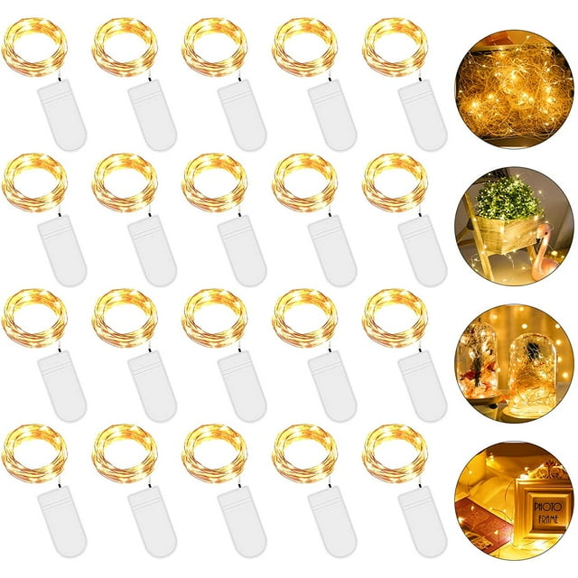 Guirnalda de luces LED a pilas, mini luces LED de alambre de cobre para decoración de interiores, dormitorio, hogar, boda (blanco cálido), 2 m, 20 LED, paquete de 20