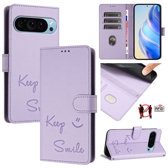 for Google Pixel 9a Case Wallet with RFID Blocking Card Holder, Shoulder Strap & Wrist Strap, Smile Pattern PU Leather Magnetic Clasp Flip Purse Case for Google Pixel 9a, Purple