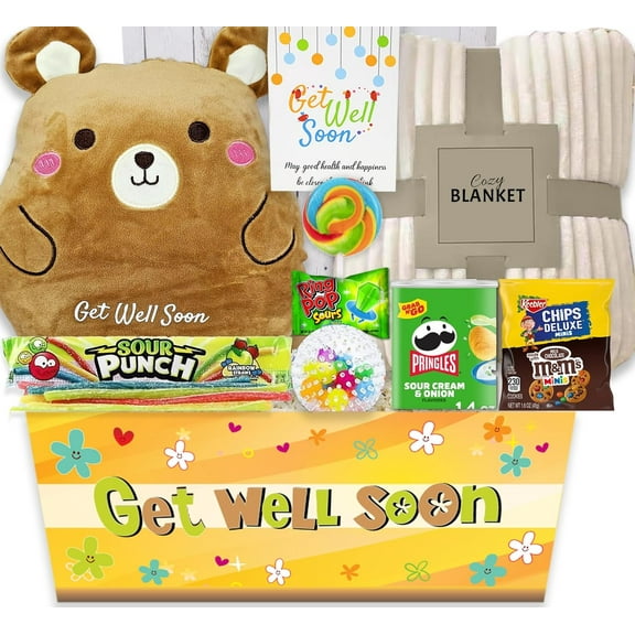 KIDS GET WELL SOON care package gift, Squooshy pillow, Cozy Blanket, Candy Snacks gift basket & Greeting card, gift for kids children boy/girl, Feel better soon, home or hospital recovery