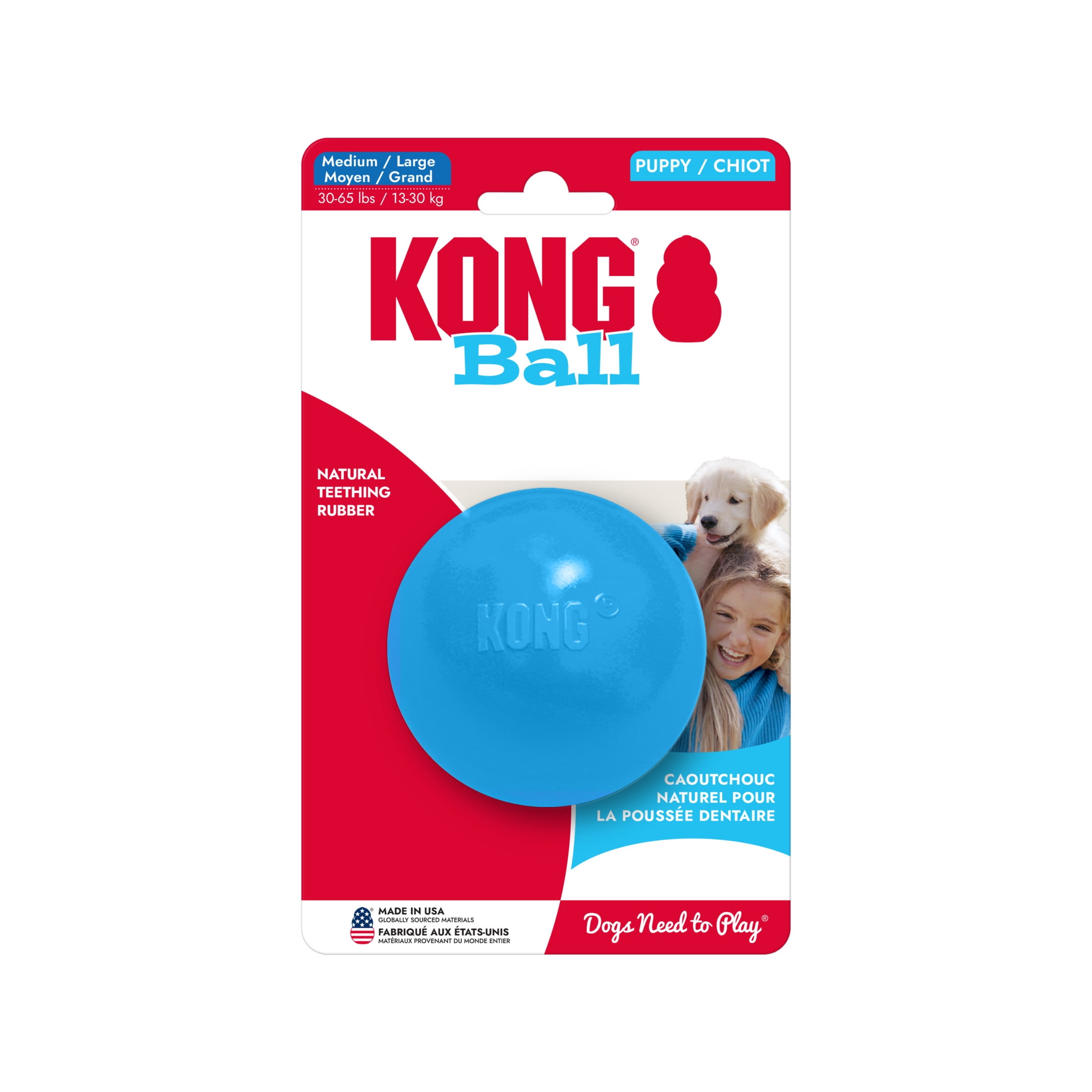 KONG® Puppy Puncture Resistant Ball with Hole, Blue, Medium/Large for Beginner Chewers
