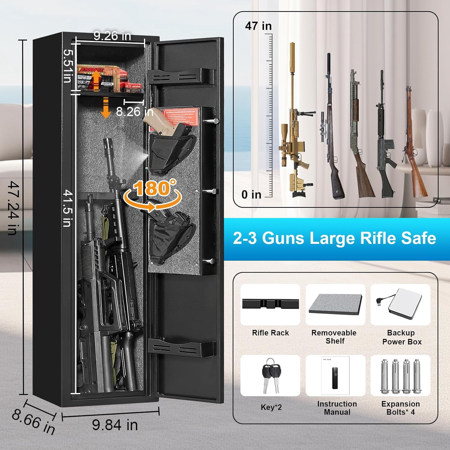 Marcree 2-3 Gun Safe, Gun Safe for Rifles and Pistols, Gun cabinets for Rifles and Shotguns, Long Gun Safes for Rifles and Shotguns with Dual Alarm System, No Assembly