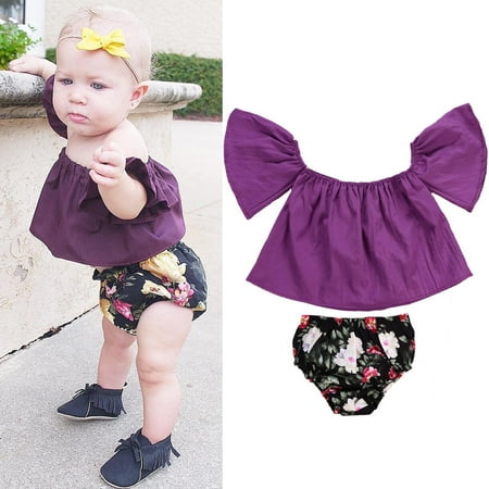 

QISIWOLE Baby Clothing Girls Solid Color Off Shoulder Blouse Tops Flowers Shorts Suit clearance under 5