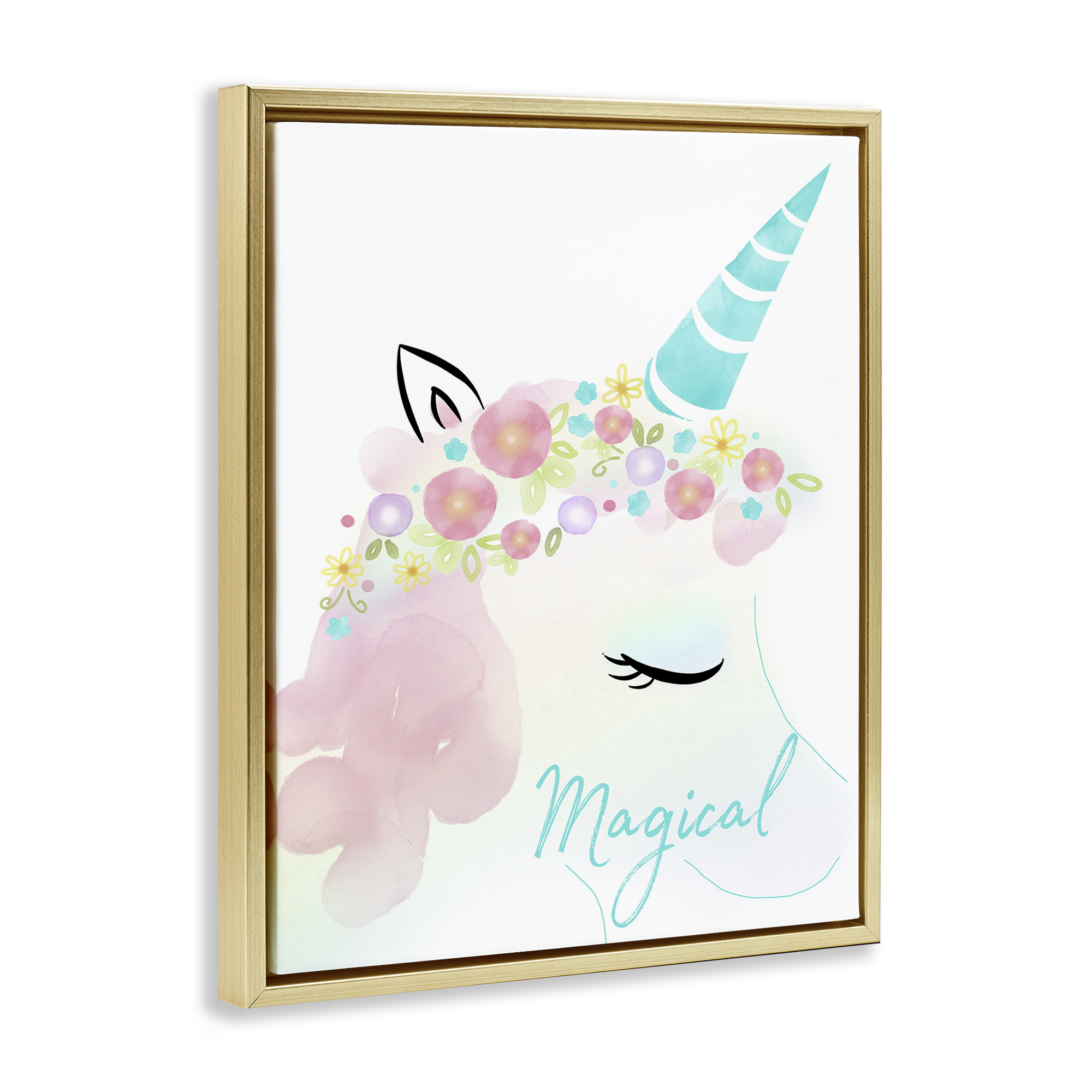 Stupell Industries Magical Floral Unicorn Fairy Tales & Fantasy Painting Gold Floater Framed Art Print Wall Art, 25 x 31