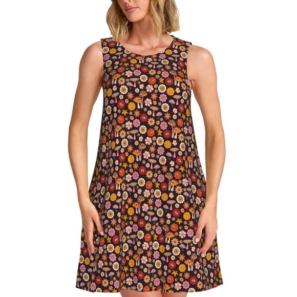 Bixox 70s Groovy Hippie Retro Print Women's Sleeveless A-Line Dress with Pockets, Casual Knee-Length Tank Dress for Summer-Medium