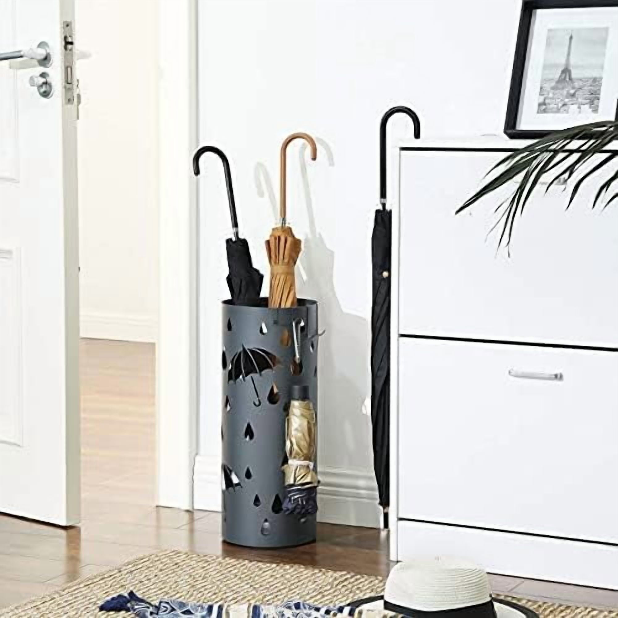Umbrella Stand, Metal Umbrella Holder for Entryway, with Water Tray and 4 Hooks, 7.7 x 7.7 x 19.3 Inches, Round, Anthracite Gray ULUC23AG