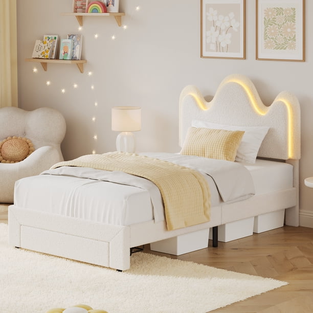 QinaQin Base de cama tapizada con LED, cajón de almacenamiento y cabecera ondulada, cama infantil de tela tipo borrega para niños