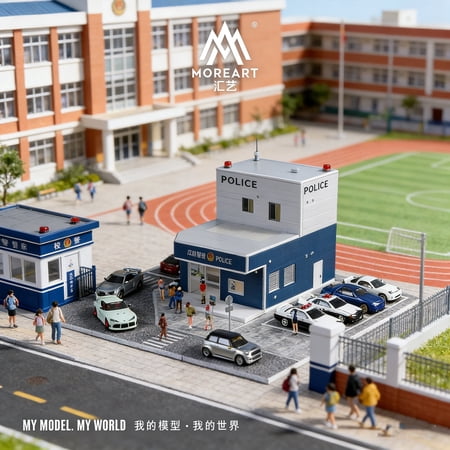 Diorama 1/64 Scale Car Garage Model, LED Lighting City Street Japanese Police Station Building Scene Display Model, Die-cast Car Parking Lot Box Collection Toys