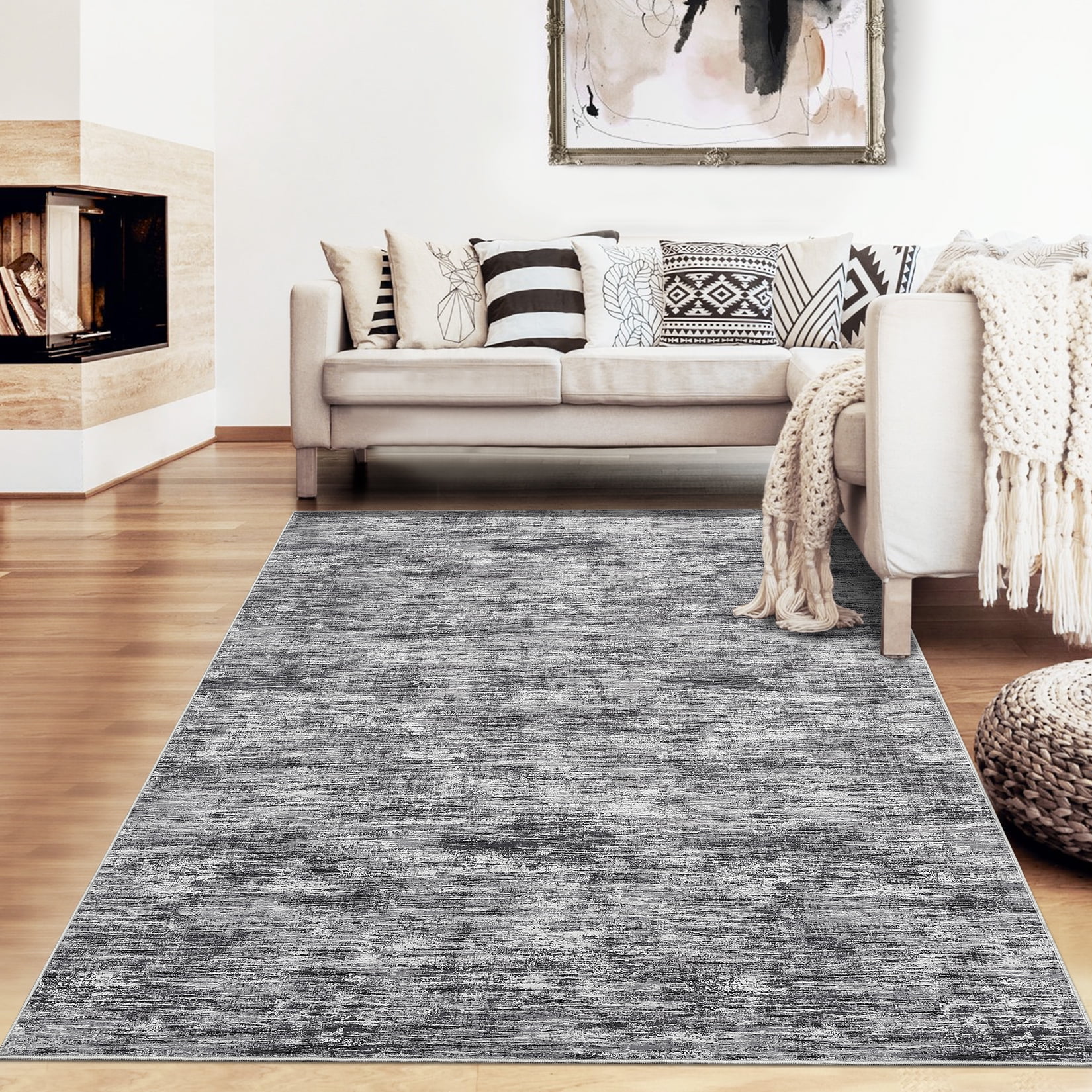 GlowSol 9'x12' Washable Rugs for Living Room Bedroom Modern Abstract Solid Area Rug Non-Slip Low Pile Rug Soft Foldable Accent Rug, Light Gray