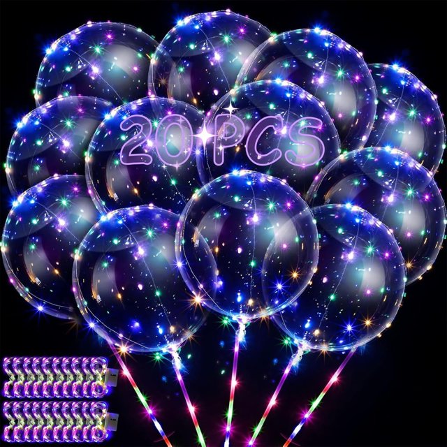 Juego de 20 globos de burbujas transparentes, globos con luz LED, globos de cumpleaños con palos, decoración navideña.