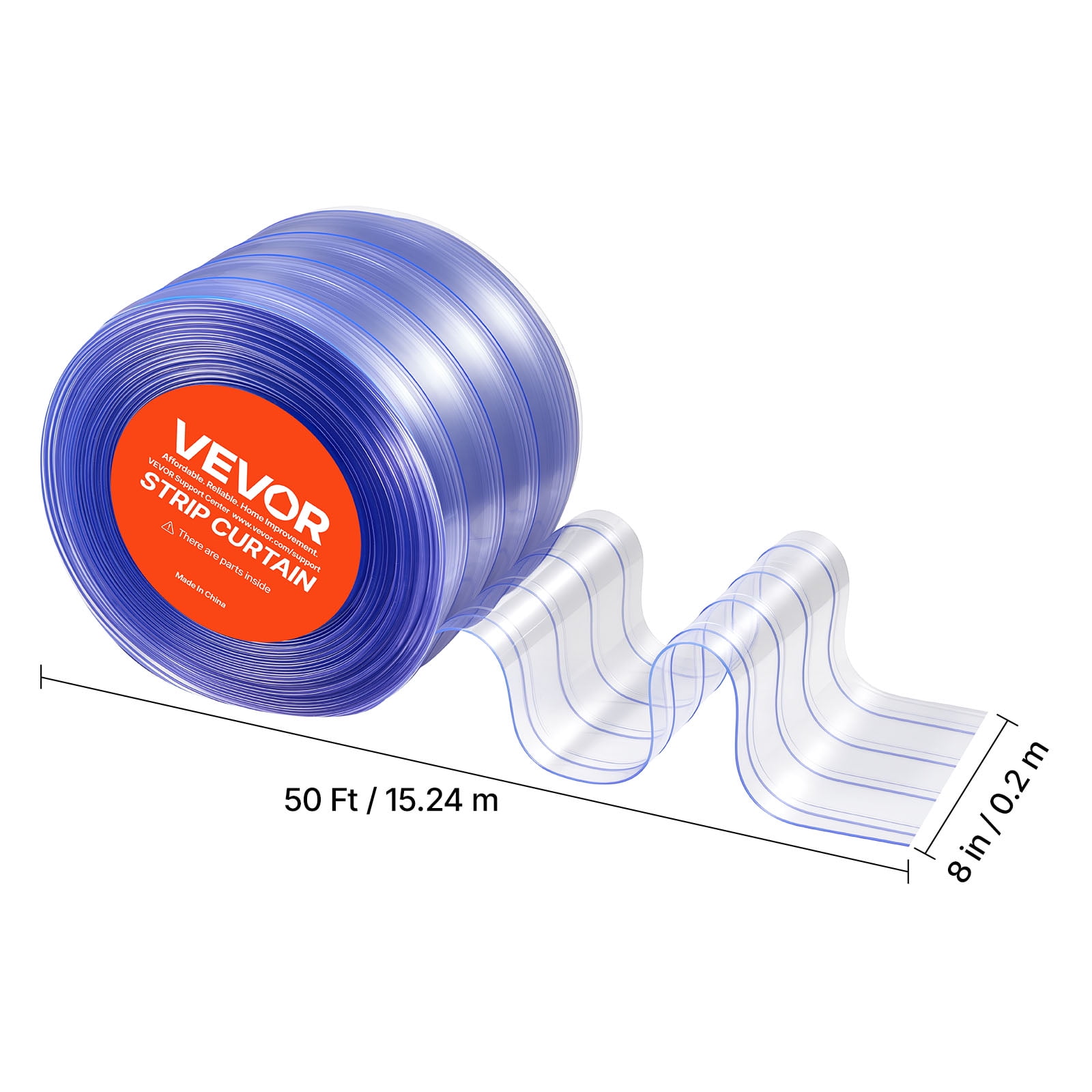 VEVOR Clear PVC Strip Curtain, 50 ft Length x 8 in Width, Ribbed Plastic Door Strip Bulk Roll, Walk in Freezer Cooler Curtain Strips for Doorways of Supermarket, Garage, Warehouse, Pet Animal House