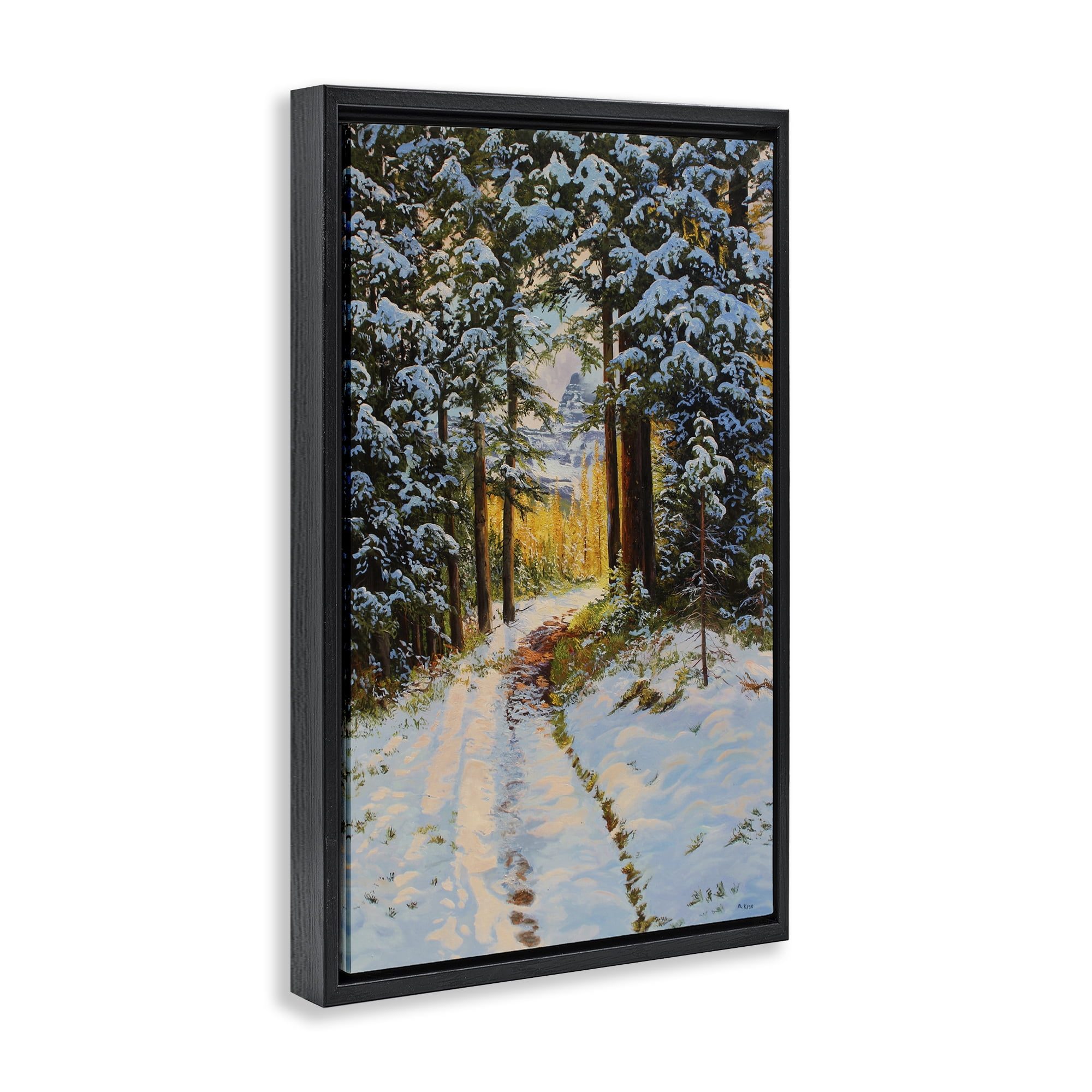 Stupell Industries Snowy Forest Trail Landscape & Nature Painting Black Floater Framed Canvas Art Print Wall Art, 17 x 25