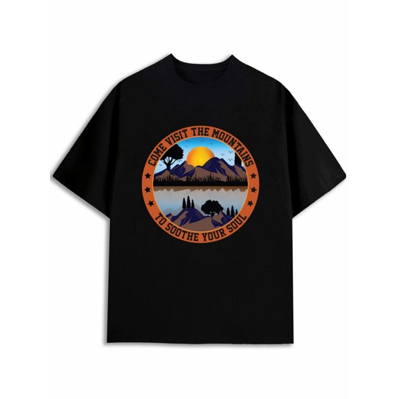 Greenink Wilderness Nature Graphic Tee, Unisex Black Crew Neck Short Sleeve T-Shirt, Vintage Double Ring Mountain Sunset Print, Casual Outdoor Hiking Daily Apparel