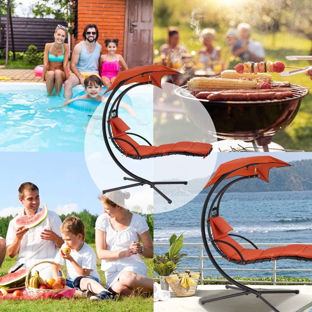 YRLLENSDAN Hanging Curved Chaise Lounge Chair Swing, Outdoor Lounge Swing with Canopy Floating Hammock Swing Patio w/ Built-in Pillow for Beach Backyard, Orange - image 2 of 7