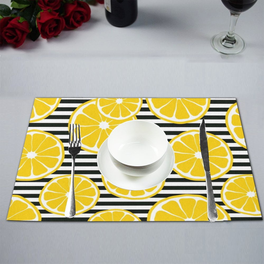 MKHERT Funny Yellow Lemon with Black_White Stripes Placemats Table Mats