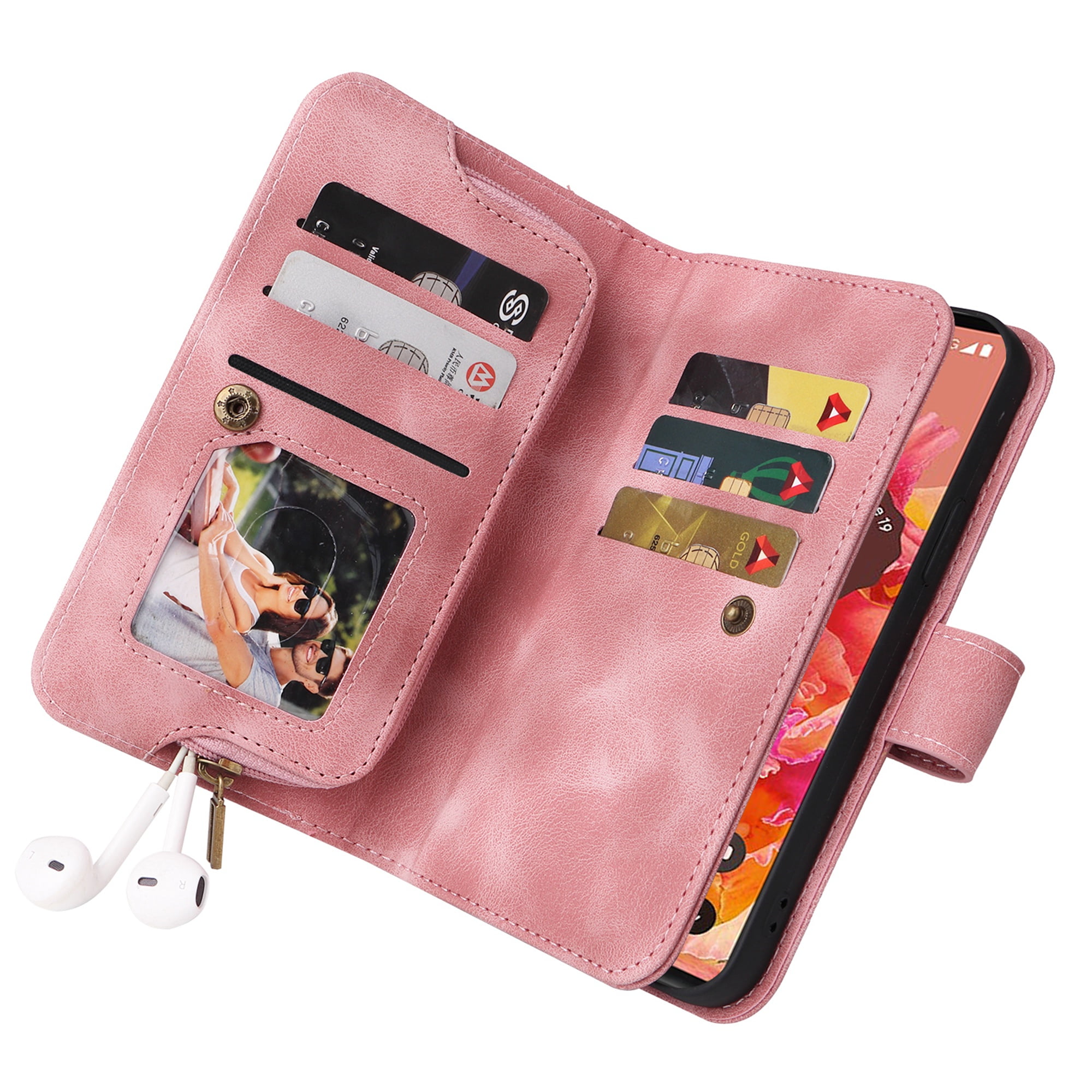 Dteck Crossbody Wallet Magnetic Phone Case for iPhone 13 Pro, Premium PU Leather Handbag Zipper Pocket with Lanyard Shoulder Strap Wristlet Folio Flip Case for Apple iPhone 13 Pro,Pink