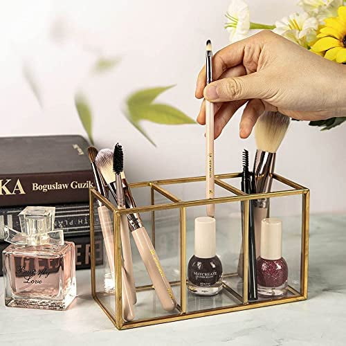 Acrylic Pen Holder 3 Compartments, Gold Pencil Organizer Cup for Countertop Desk Accessory Storage
