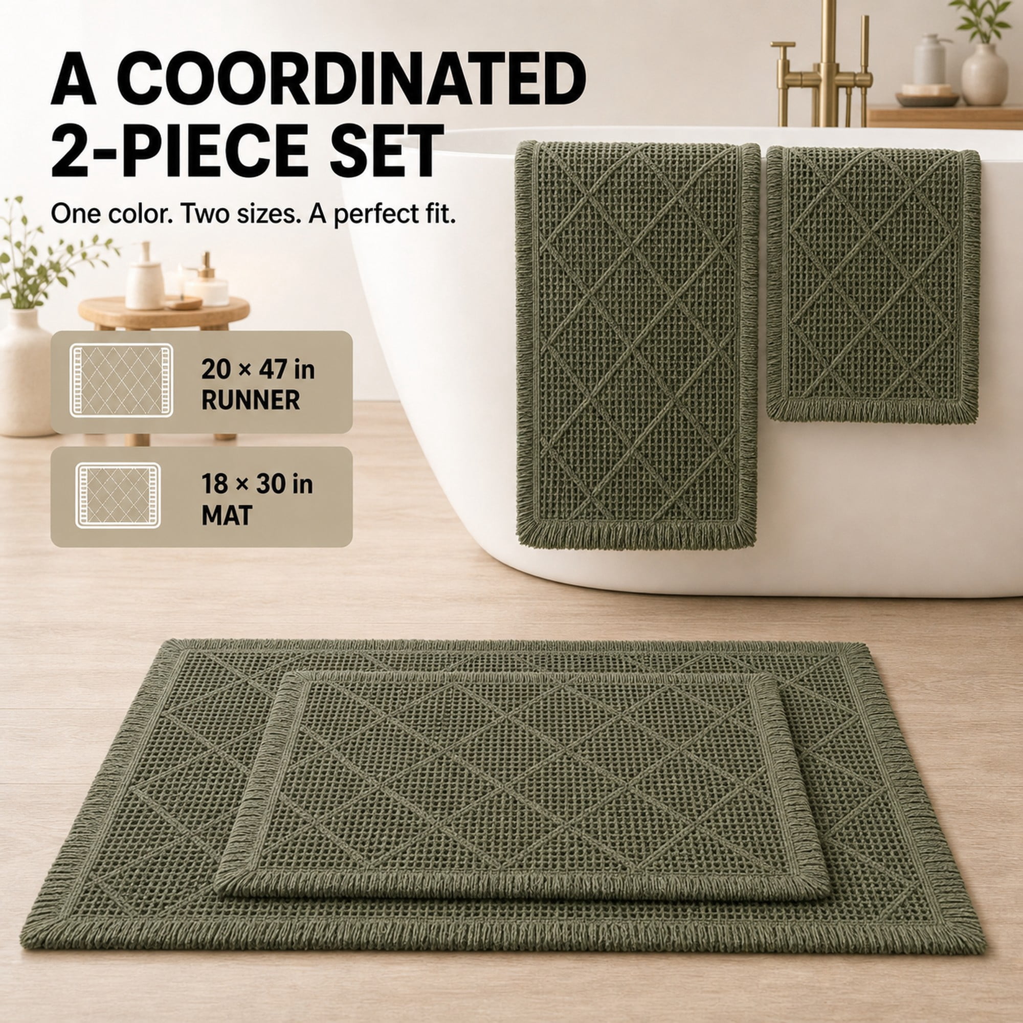 HBK 2 Piece Waffle Bath Mat Set, Non-Slip Bathroom Rugs, Absorbent & Machine Washable Shower Runner, Green, 20 x 47 and 18 x 30 Inches