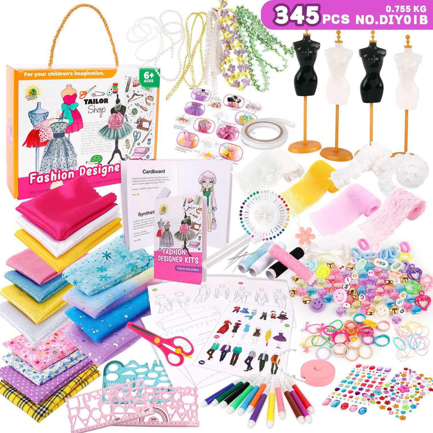 Sunrad Kit De Diseño De Moda De 1000 Piezas Con 5 Maniquíes – Set De Costura DIY Para Niñas, Incluye Telas, Joyas Y Herramientas