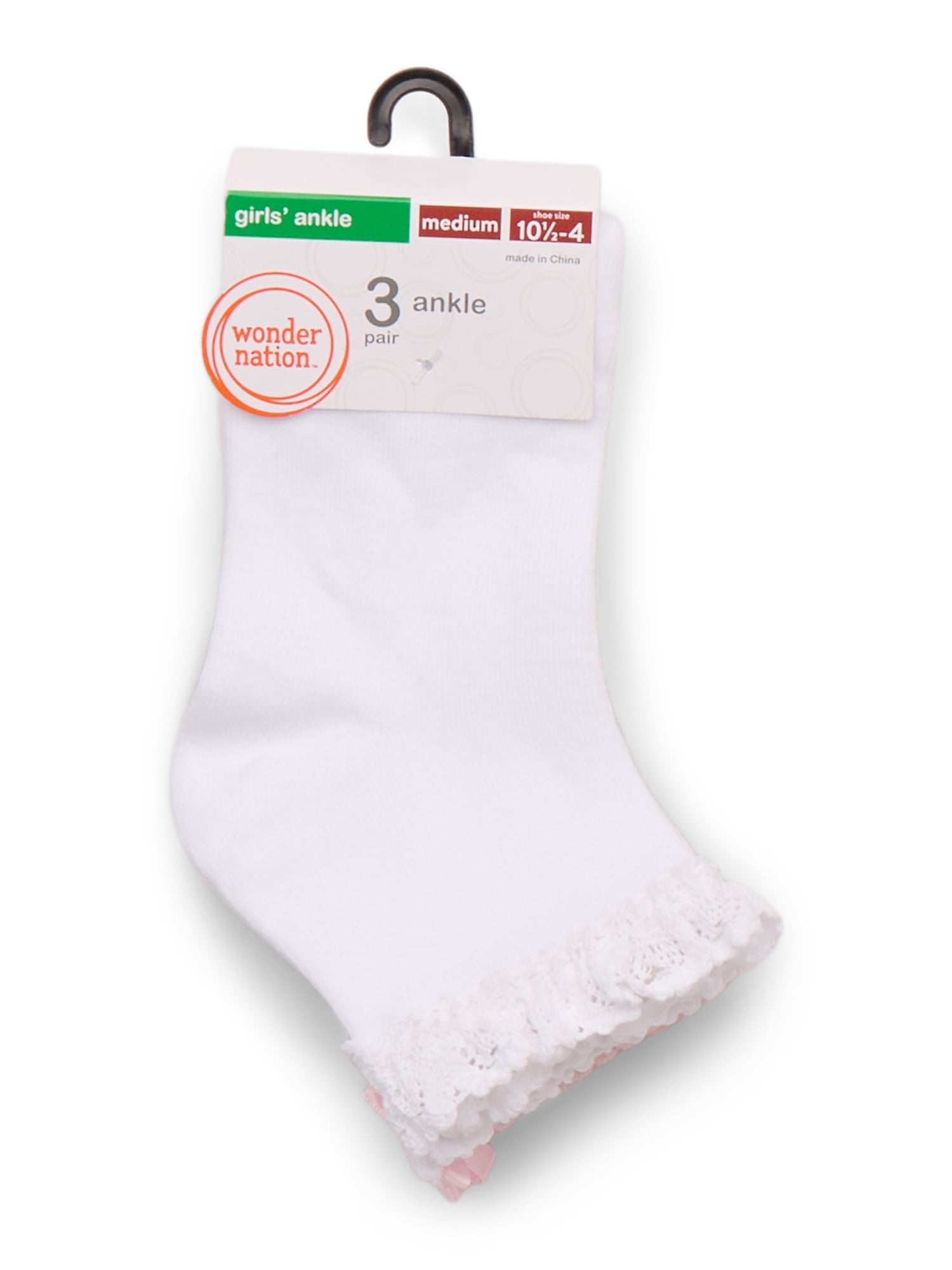 Wonder Nation Girls' Ankle Socks, 3-Pack, Sizes S-L