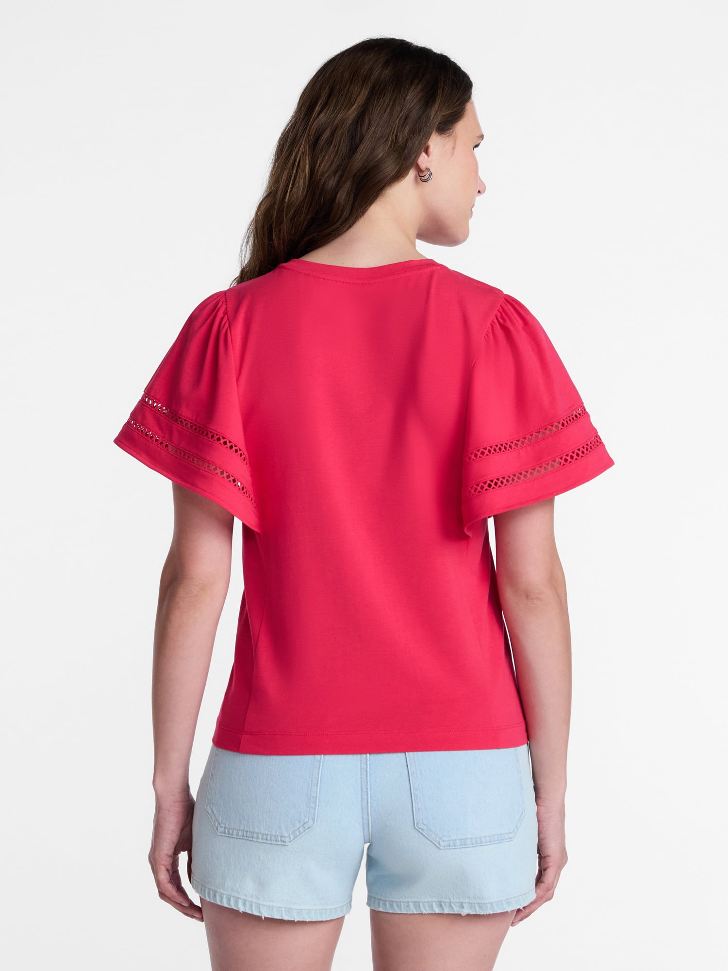 Time and Tru Women’s Crewneck Top with Lace Inset Flounce Sleeves, Sizes XS-XXXL