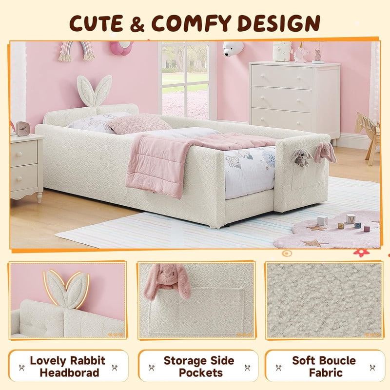 Twin Size Upholstered Platform Bed with Rabbit Ear Headboard, Kids Floor Bed with Storage Pocket & Safety Guardrail, No Box Spring Required