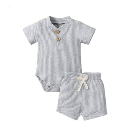 

Summer Newborn Baby Boy Girl Clothes Set Ribbed Outfits Unisex Infant Solid Short Sleeve Tops Shorts 2PCS 12-18 Months