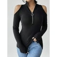 thumbnail image 6 of Women'S V-Neck Cold Shoulder Long Sleeve Blouse Shirt Slim Lace-Up Ribbed Stretchy T-Shirt Top Black XXL, 6 of 9