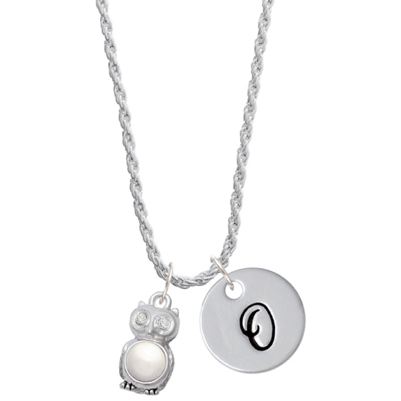 Delight Jewelry Silvertone 3-D Imitation Pearl & Clear Crystal Owl Silvertone Script Initial Disc - O - Charm Necklace, 20"+3"