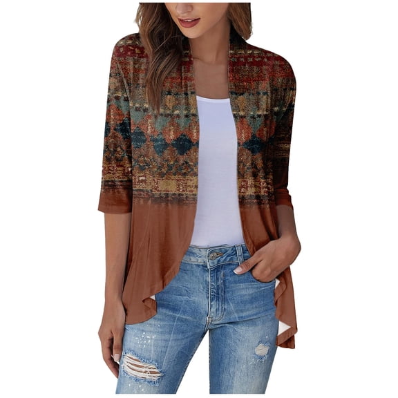 ZKIRBJV Summer Shrugs for Women 3/4 Sleeve Kimono Cardigans for Women Lightweight Open Front Shrug Cardigan Floral Print Dressy Casual Oversized Cardigans Brown S