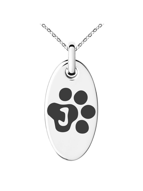 Stainless Steel Letter J Initial Cat Dog Paws Monogram Engraved Small Oval Charm Pendant Necklace