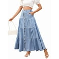thumbnail image 3 of Women Western Elastic High Waisted A Line Button Ruffle Tiered Long Jean Skirt Patchwork Pocket Y2k Light Blue S, 3 of 9