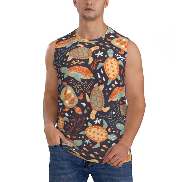 Fotbe Turtles and Sea Plants Men's Camiseta sin Mangas Estampada para Hombres, Playera Casual para Gimnasio, Entrenamiento, Playa-3X-Large
