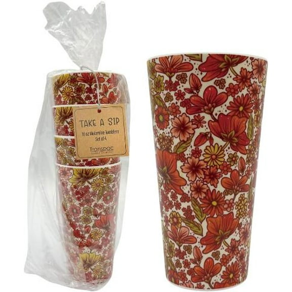 Transpac Summer Vibes 16 Oz Melamine Drink Tumblers Set of 4 Red Yellow Floral