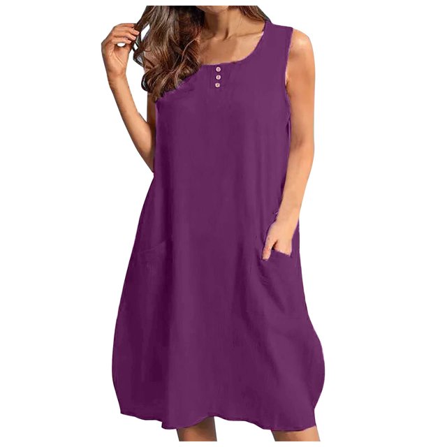 Vestidos Para Mujer Vestidos Casuales Vestido Sin Mangas Con Bolsillos Sólidos Y Cuello Redondo Erógeno de Moda Odeerbi ODB161237