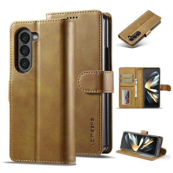 ELEHOLD for Samsung Galaxy Z Fold 7 Rugged Leather Wallet Case with Card Slots Kickstand Function Magnetic Clasp Shockproof Protective Cover for Samsung Galaxy Z Fold 7 2025,Yellow