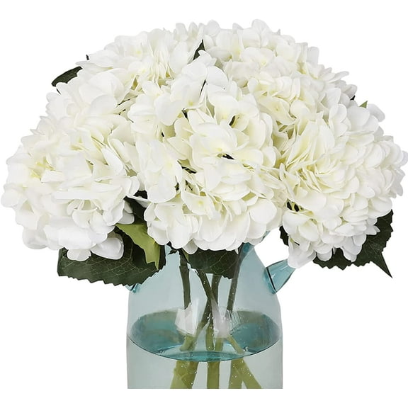 White Hydrangea Artificial Flowers Realistic 5Pcs Single Long Stem Faux Silk Hydrangea Bouquets for Party Wedding Centerpieces Home Office Decor