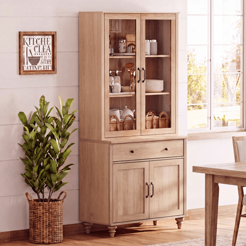 72"H × 34"W 5-Tier Farmhouse Wooden Library Bookcase with Glass Doors & Spacious Storage Cabinet, Freestanding Bookshelf for Living Room, Office & Kitchen, Oak