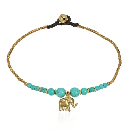- Stylish Brass Elephant Charm & Simulated Turquoise Beads Jingle Bell Link Anklet