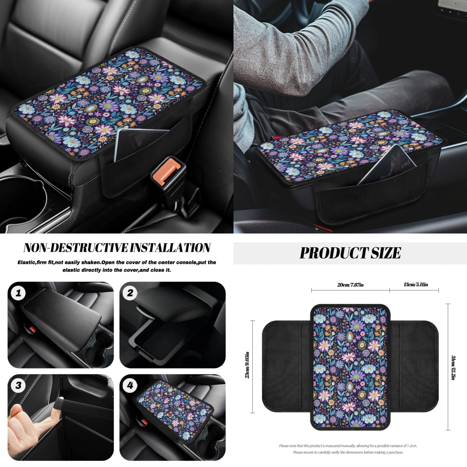 Yuyamidu Colorful Flower Car Seat Covers with Steering Wheel Cover Seat Belt Pads Coasters Waste Bin Armrest Cover Cup Holders Rearview Mirror Cover Handbrake Cover Set 14pcs Auto Accessories