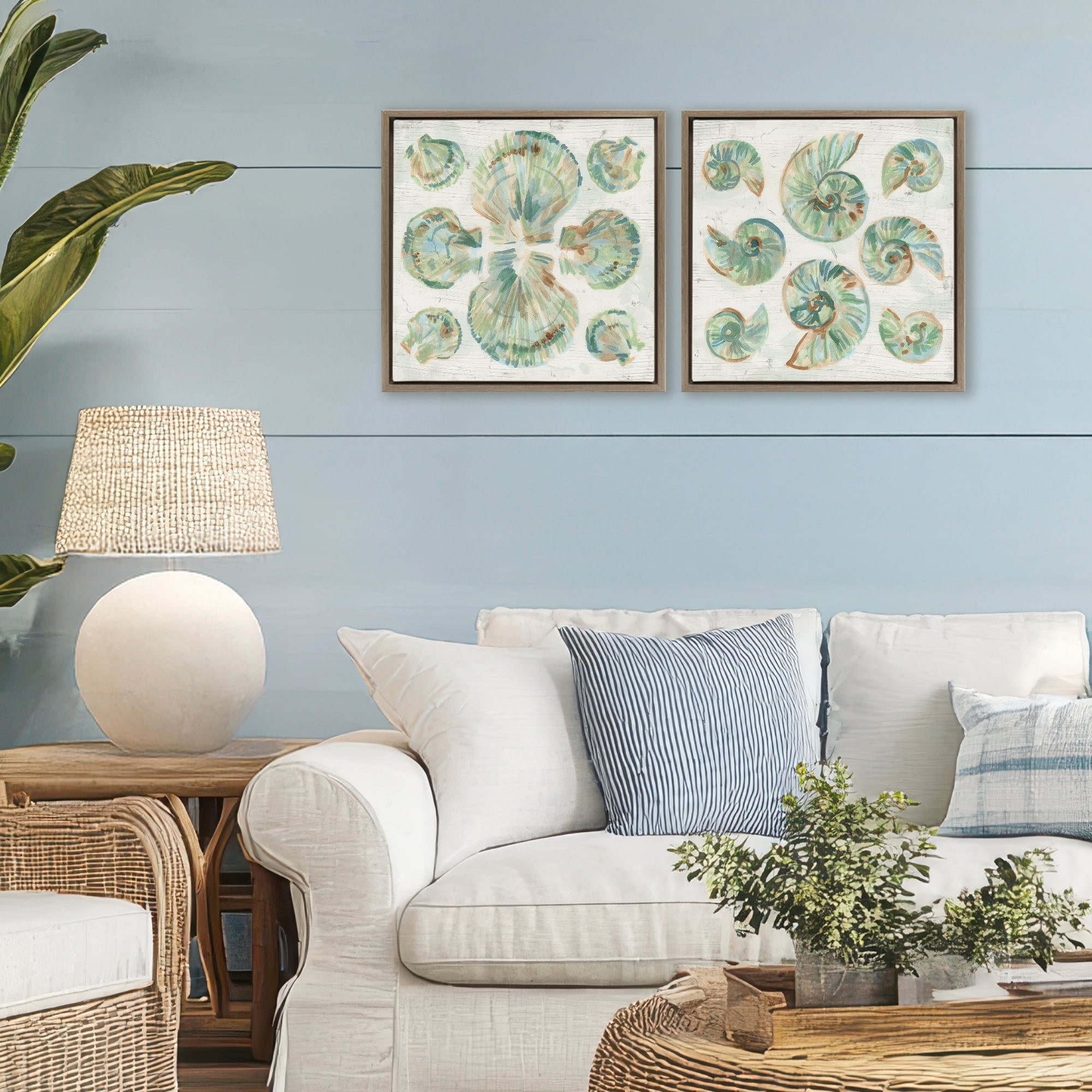 Stupell Industries Saltwashed Seashells Pattern 2 Piece Brown Framed Floater Canvas Set, design by June Erica Vess