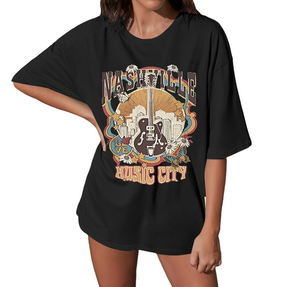 VJATTWR Womens Short Sleeve Tops Shirts for Women Music City Country Music Concert Rock Band Vintage Guitar Graphic Casual Tee Tops L