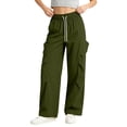 thumbnail image 3 of Women's Cargo Pants, Wide Leg Pants with Elastic Waist, Drawstring & Pockets, Outdoor Hiking Athletic Gym Wear | VerBelle,Army Green L, 3 of 6